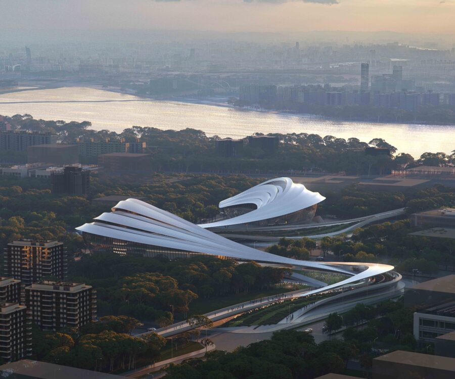 都市の施設と活動を縫うようにつなぐ流線形の建築、ザハ・ハディド・アーキテクツが中国の科学・テクノロジー先進都市に設計した〈静河新城文化芸術センター〉