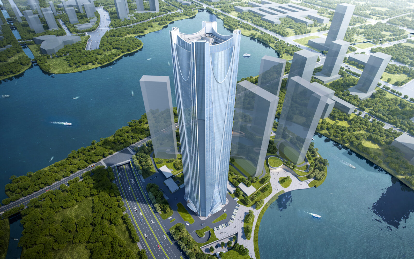 Futuristic glass skyscraper rises from a riverfront park, with a winding waterway and surrounding city blocks in view.
