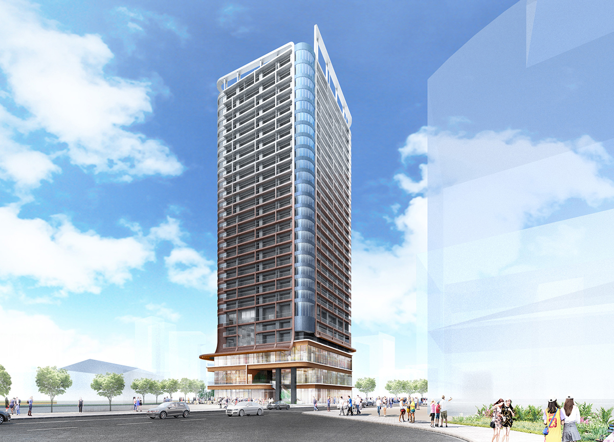 Low-angle view of a tall modern glass skyscraper with a busy street and pedestrians at the base.
