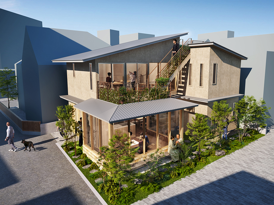 Two-story modern house with glass-walled sunroom, rooftop terrace, and lush garden; people inside and on the stairs outside.