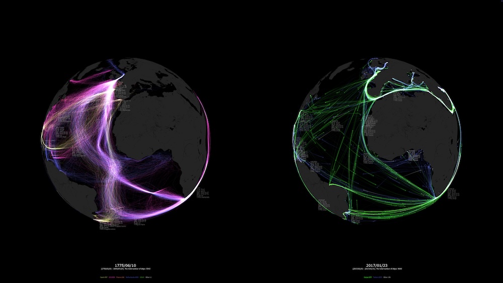 Side-by-side globes displaying global network traffic with colorful arcs (purple on the left, green on the right). Dates shown at the bottom indicate time points.