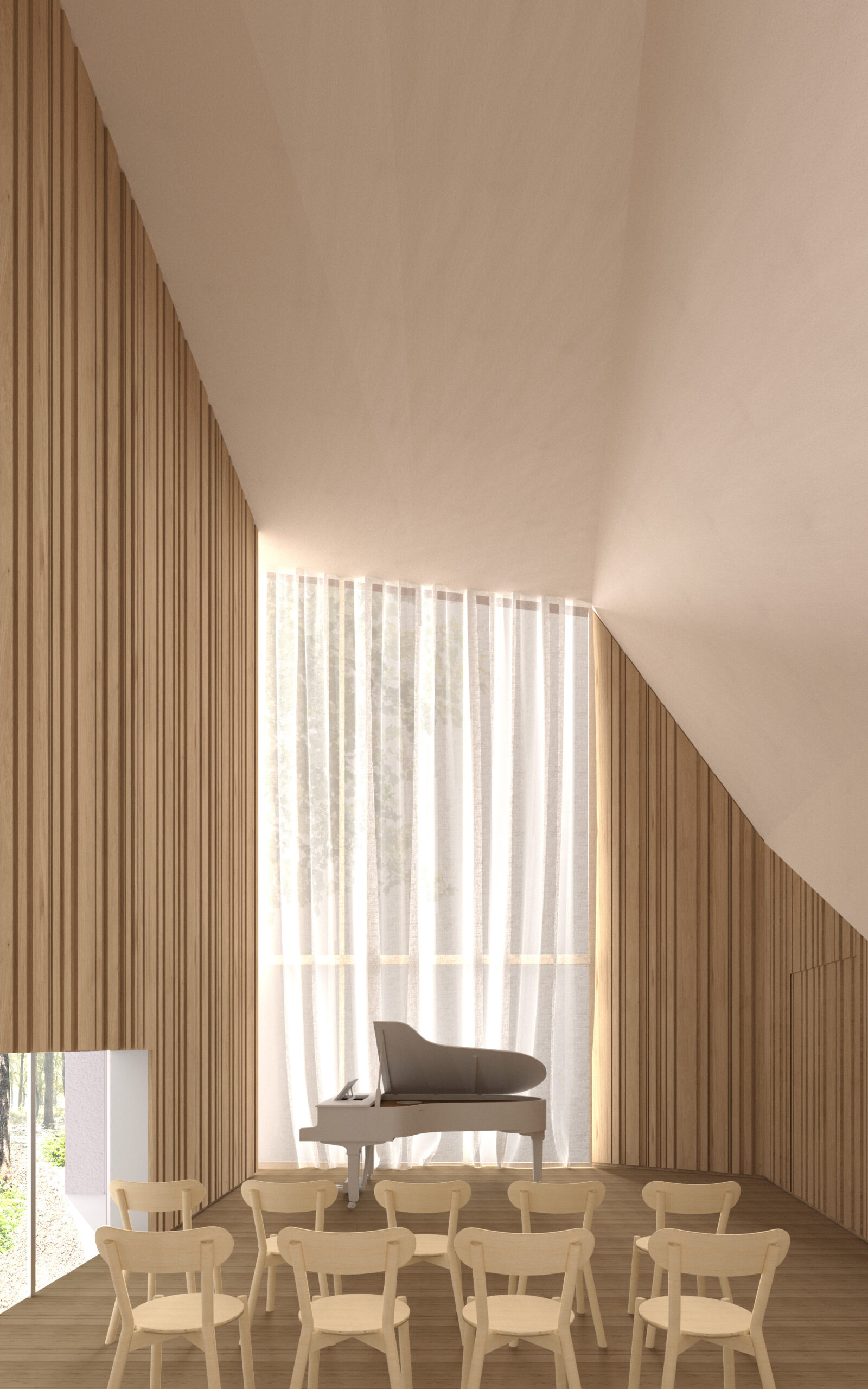 Wood-paneled recital room with a white grand piano on a small stage and rows of light wood chairs facing it.