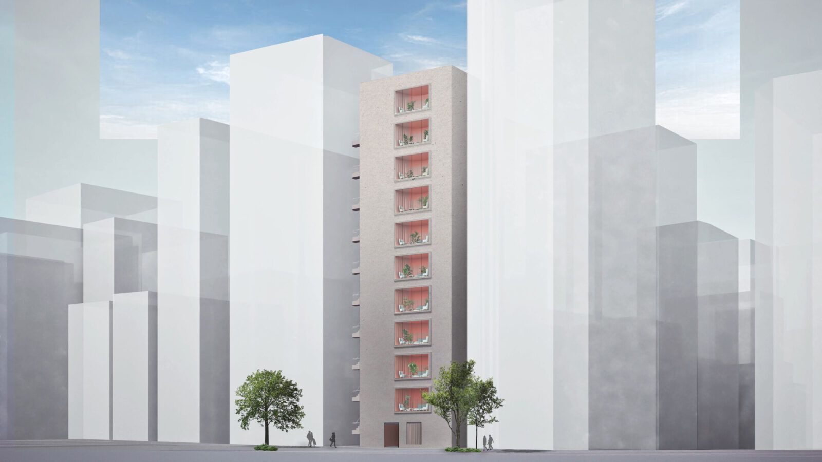Tall beige apartment building with pink balconies among oversized white geometric blocks in a city setting