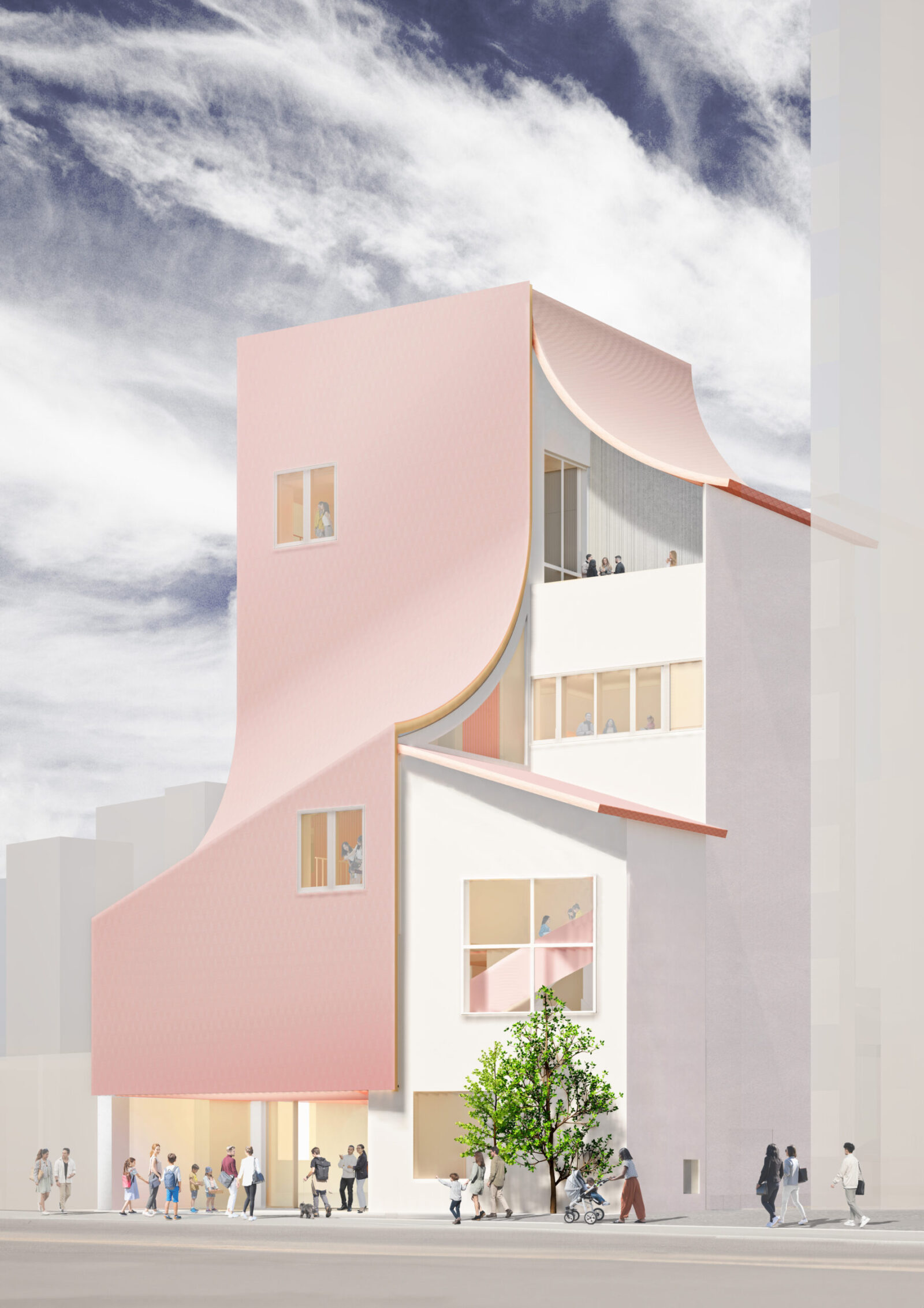 Modern pink building with curved facade and large windows, pedestrians on the street level under a cloudy sky.