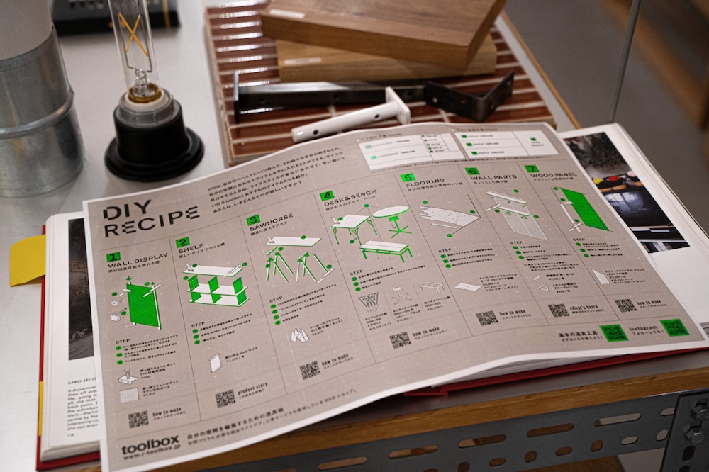 Open magazine spread showing DIY project steps with green diagrams and small photos on a table.