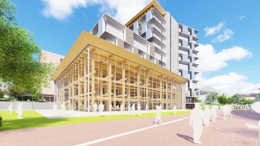 関西大学が建て替える学生会館にて大阪・関西万博〈大屋根リング〉の材を用いてエントランス空間を整備